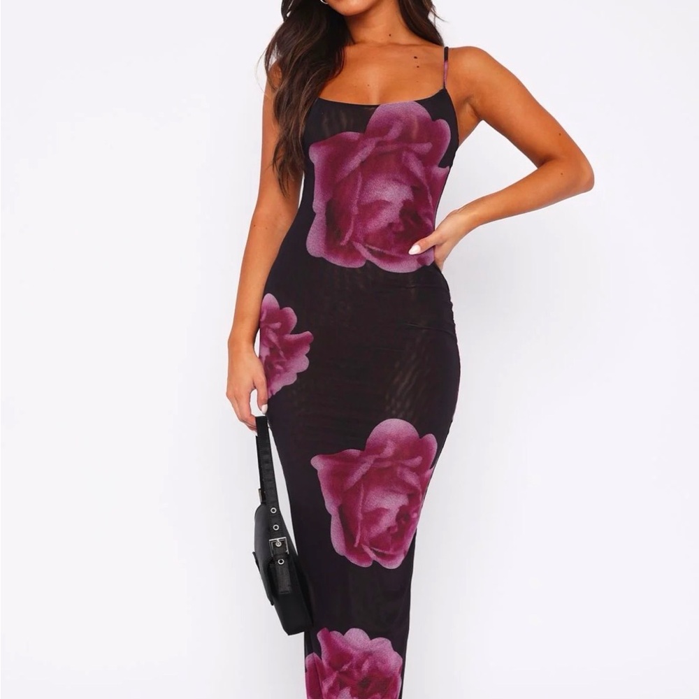 White Fox Boutique Black Maxi Dress with Purple Floral Design